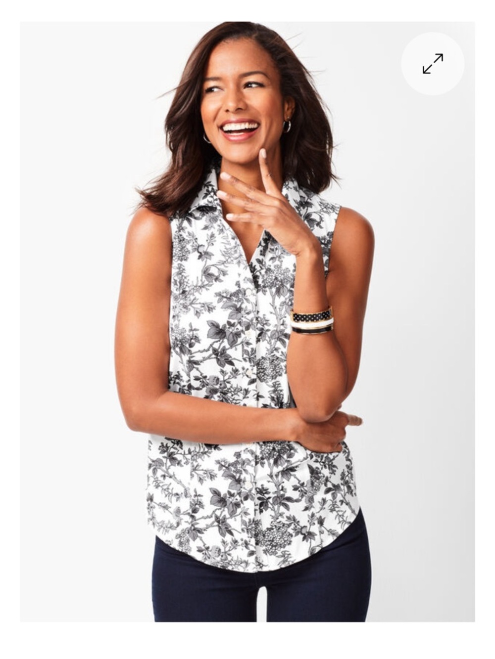 Talbots Sleeveless Floral Button-Front Top — White/Black